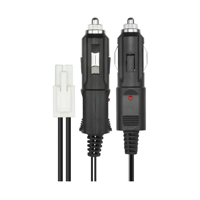 A black car cigarette lighter adapter cable with a white connector plug.