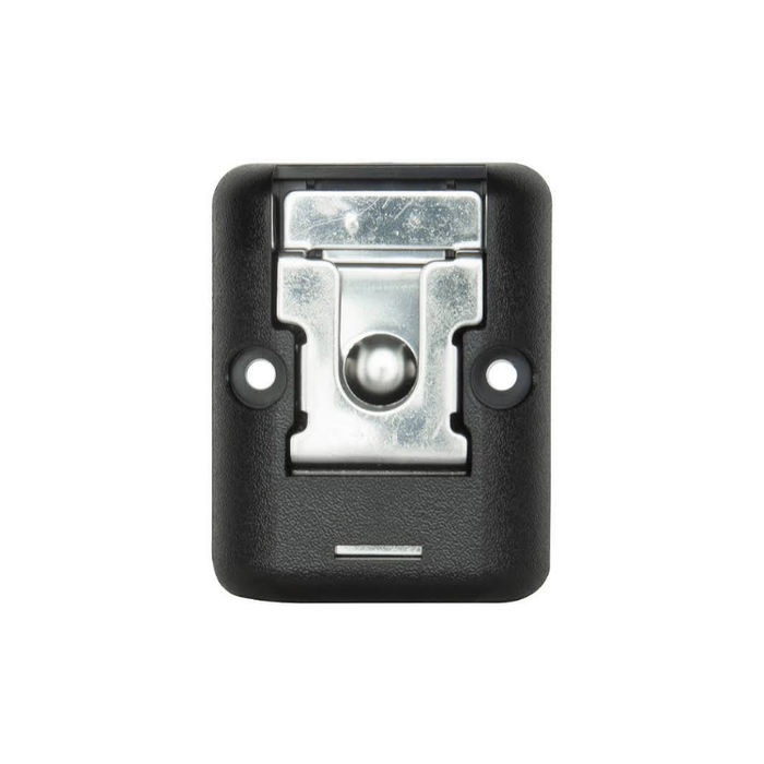A black textured plastic camera accessory with a silver metal quick-release latch