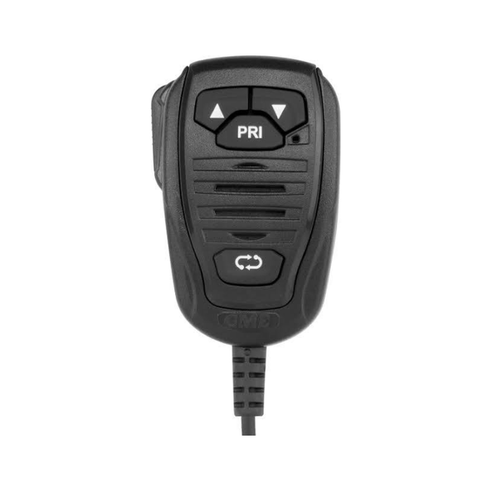 A black marine radio microphone override control with directional buttons