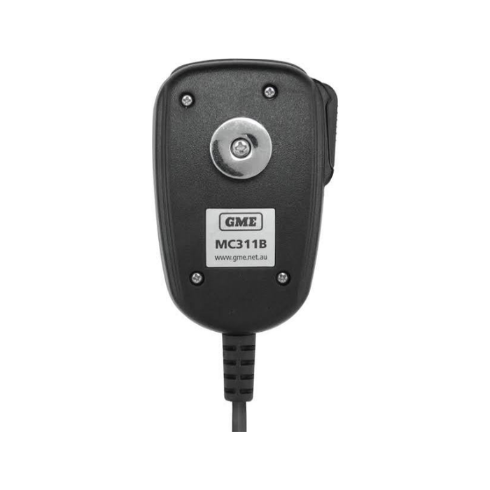 A black GME MC311B radio microphone receiver with a silver center button