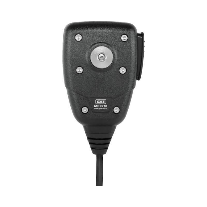 A black GME MC557B handheld communication microphone with a silver central button