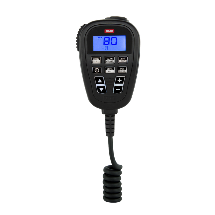 A black CME handheld radio transmitter with a blue backlit LCD screen and six control buttons