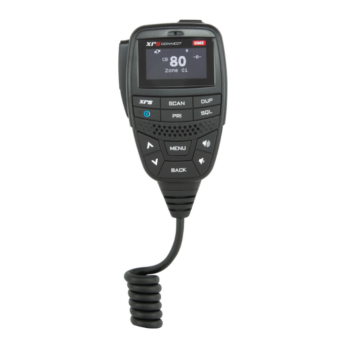 A black XTRConnect handheld radio transmitter with a small color display screen