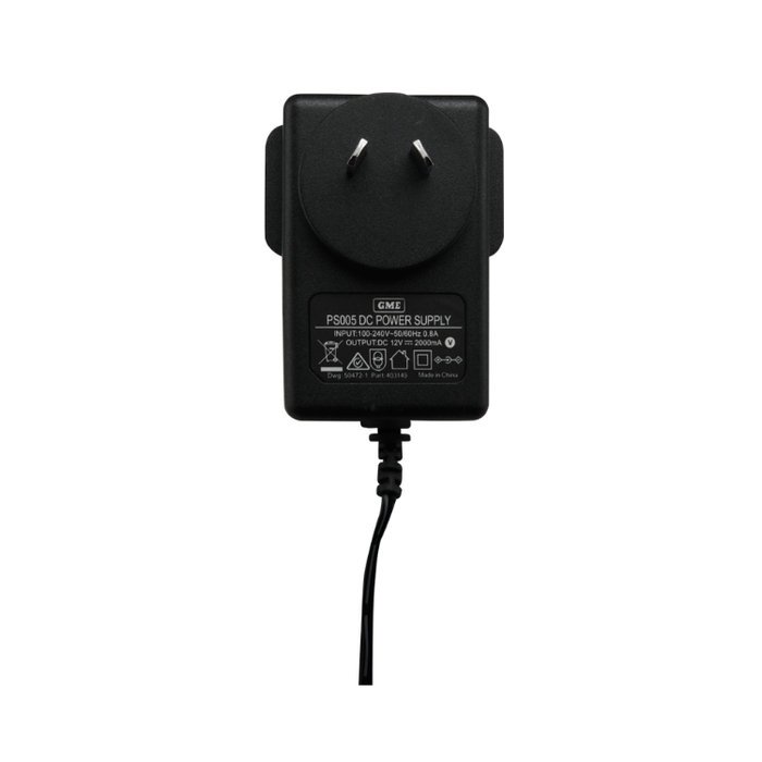 A black GME brand 5V/12V/24V DC power supply adapter with a two-prong plug and a black cable