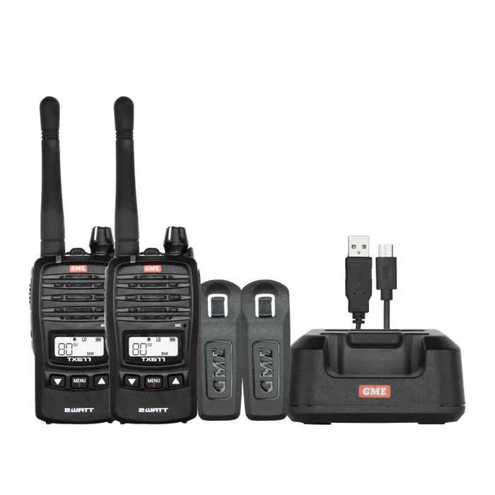 GME TX677 Twin Pack Black Radio front view with accessories NZ