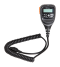 Hytera handheld walkie-talkie microphone with a coiled black cord and a small display screen SM25