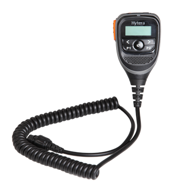 Hytera handheld walkie-talkie microphone with a coiled black cord and a small display screen SM25