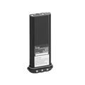 A black DC flashlight battery with a base, featuring a white label with text and a iCOM logo