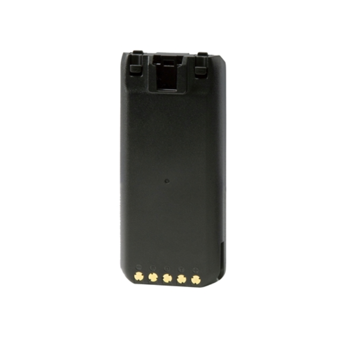 A black rectangular replacement battery with gold-colored metal contacts on one end
