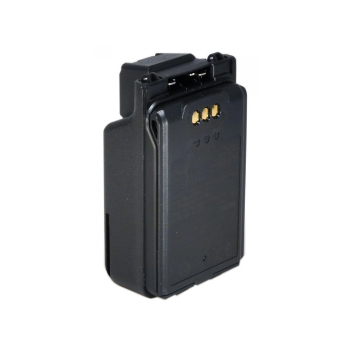 A black rectangular replacement battery with gold-colored contact pins