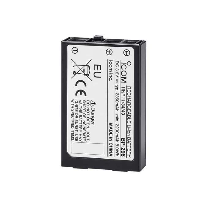 A black rechargeable Li-ion battery with a white printed labe