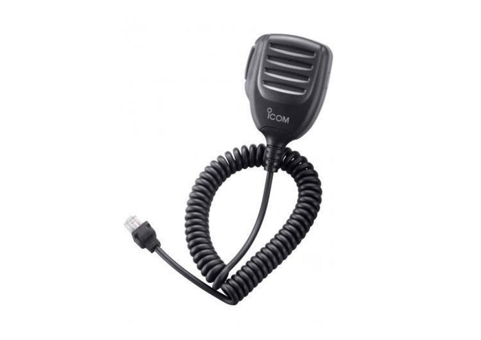 A black Icom handheld microphone with a coiled cable and RJ45 connector, shown on a plain white background.