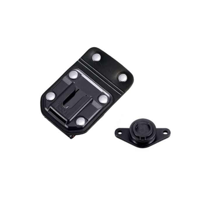 Black plastic mounting hardware set featuring a rectangular clip with six silver rivets and a small circular cap