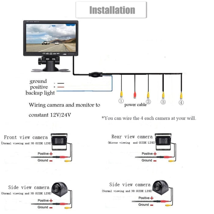 K0164 7 inch HD Car 18 IR Night Vision Rear View Backup Four Cameras Rearview Monitor, K0164