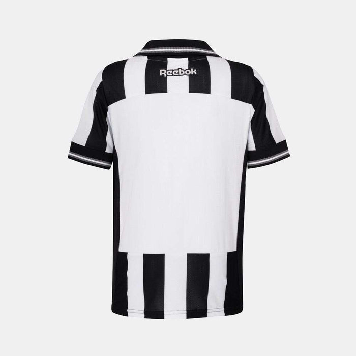 Back view of the Reebok Kids' Botafogo Youth Home Jersey in black and white stripes, short sleeves, a collar, and Reebok logo on the upper back.