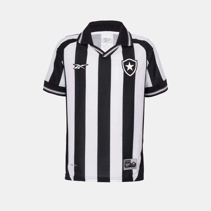 The Kids' Botafogo Youth Home Jersey by Reebok features black and white stripes, a collar, the club badge, and Reebok logo on the chest. The 25/26 home shirt is shown on a plain white background.