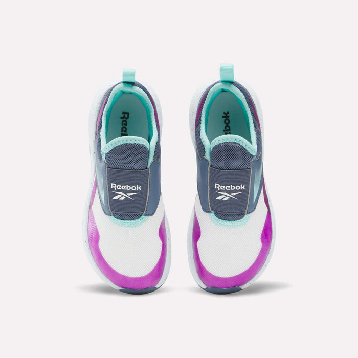 Top view of Kids' Nano Play Slip-on by Reebok—these kid-sized sneakers feature white mesh uppers with turquoise, purple, and navy accents plus light blue heel tabs.