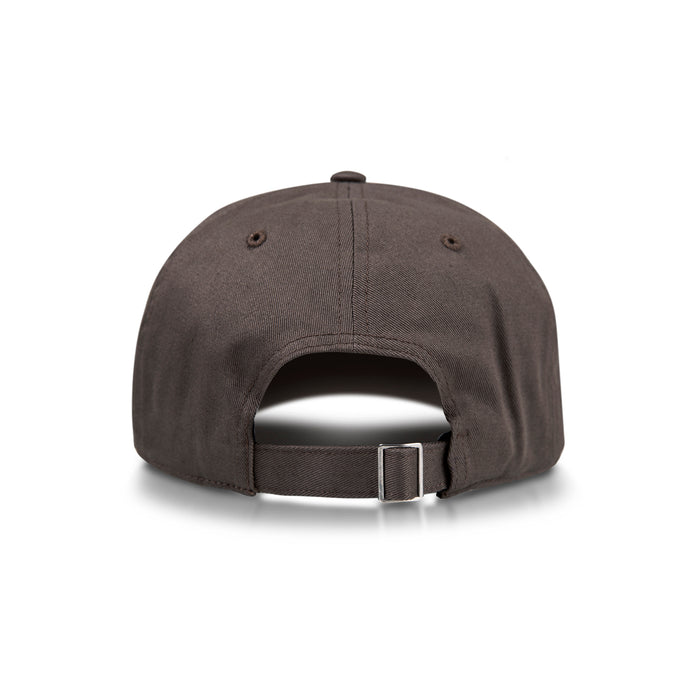 The Reebok Logo Cap is shown from the back against a white background, featuring a brown color, two ventilation eyelets on each side, and an adjustable strap with a metal buckle.