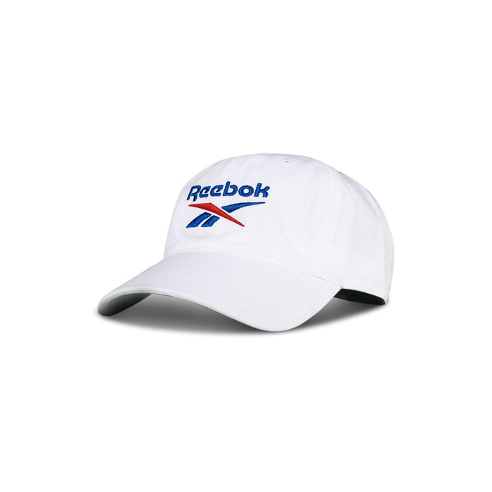 The Reebok Logo Cap is a white baseball cap with a curved brim and the blue and red Reebok logo embroidered on the front, displayed against a plain white background.