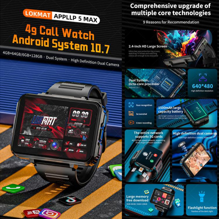 LOKMAT APPLLP 5 Max 4G Smart Watch – 2.4", MT6762, Android 10.7, 4GB/64GB & 6GB/128GB
