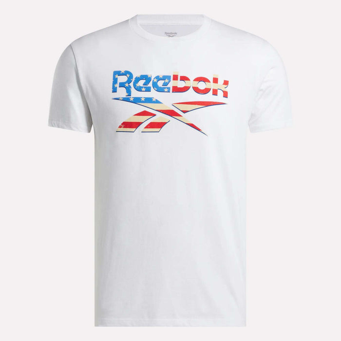 The Reebok Men's Americana Graphic T-Shirt features the iconic logo and text in a red, white, and blue flag design on soft ringspun cotton for all-day comfort.