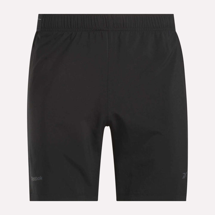 Reebok Men's Athlete Speed Shorts are black athletic training shorts with an elastic waistband, subtle Reebok logos on both legs, and a minimalist RBK-DRY design for comfort and breathability. No visible pockets or extra embellishments.