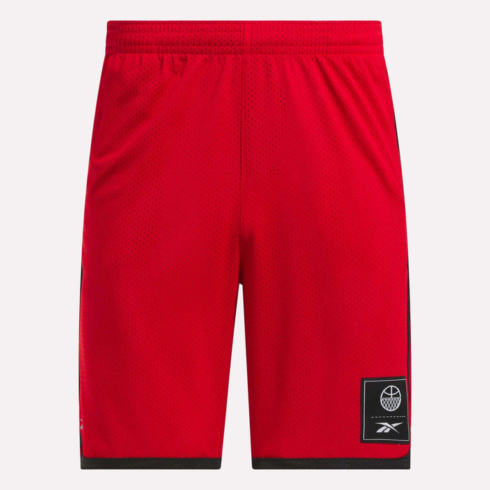 The Reebok Men's Basketball Mesh Shorts feature breathable mesh and RBK-DRY technology for all-day comfort, designed in red with black trim.
