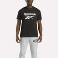 A person faces forward against a plain white background, wearing the Reebok Men's Big Logo Crewneck Short Sleeve Tee in black with a large white logo and light gray Reebok sweatpants.