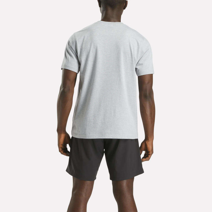 A person, seen from behind, wears a light gray Reebok Men's Big Logo Crewneck Short Sleeve Tee and black shorts against a plain light background.
