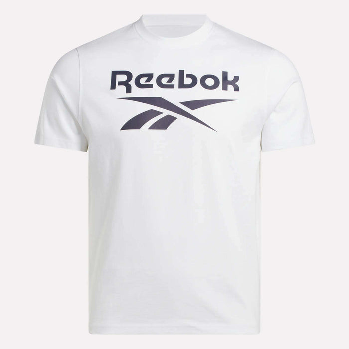 The Men's Big Logo Crewneck Short Sleeve Tee by Reebok features a bold black Reebok logo and brand name across the chest.