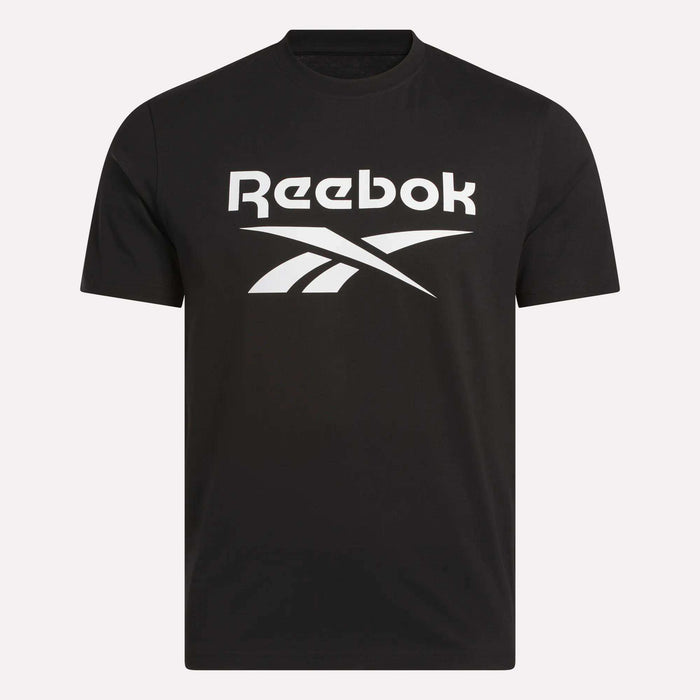 The Reebok Men's Big Logo Crewneck Short Sleeve Tee is a black t-shirt featuring bold white Reebok text and logo across the chest.