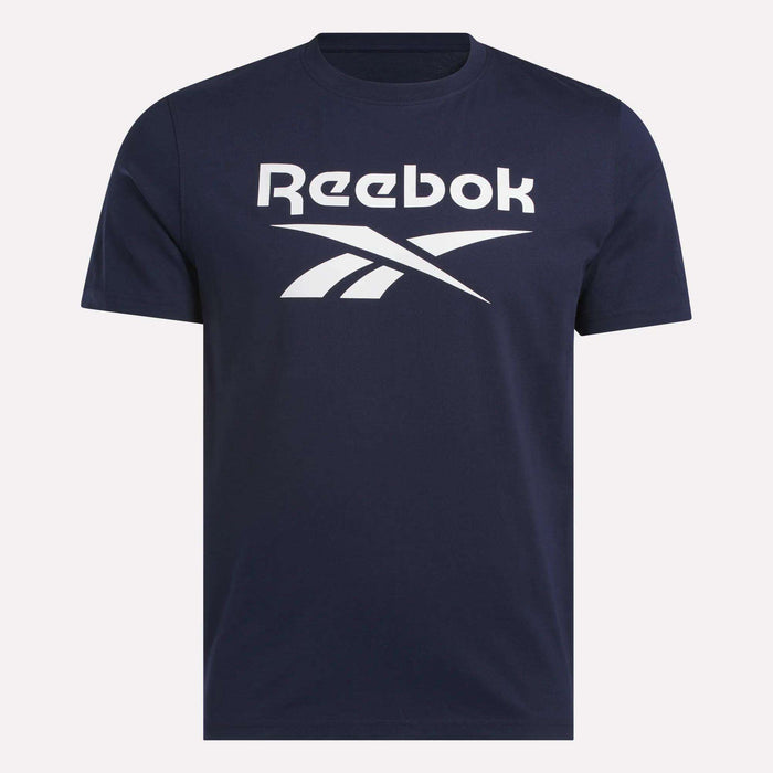 The Reebok Men's Big Logo Crewneck Short Sleeve Tee in navy features a white Reebok logo and stylized text across the chest, with short sleeves and a comfortable crew neckline.