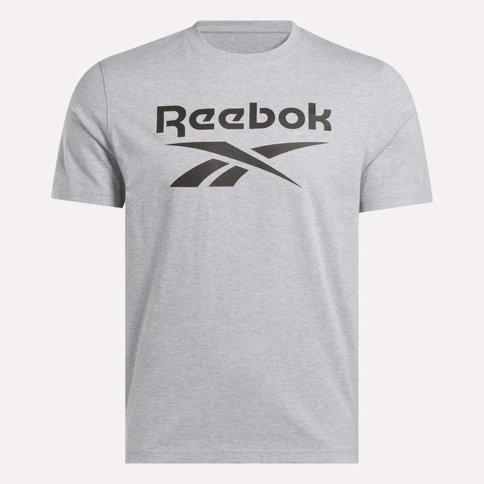 The Men's Big Logo Crewneck Short Sleeve Tee by Reebok is a light gray t-shirt with a black Reebok logo and text on the front, shown against a plain white background.