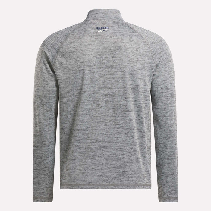 Back view of a men's Reebok Cationic Wicking Quarter-Zip Sweatshirt in light gray heather, featuring moisture-wicking RBK-DRY tech and a small blue Reebok logo near the collar.