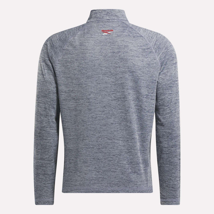 Back view of the Reebok Men's Cationic Wicking Quarter-Zip Sweatshirt in heathered gray, featuring RBK-DRY tech, high collar, and a subtle red logo—ideal as a UPF-rated athletic layer for active days.