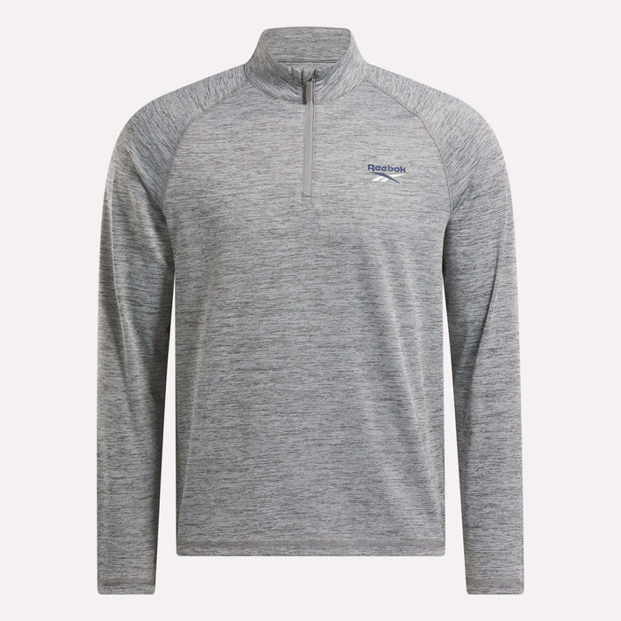 The Reebok Men's Cationic Wicking Quarter-Zip Sweatshirt in heather gray features RBK-DRY tech, a stand collar, and the Reebok logo on the left chest for athletic style and comfort.