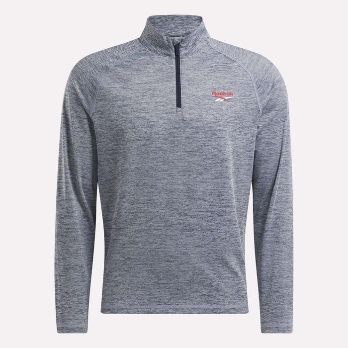 The Reebok Men's Cationic Wicking Quarter-Zip Sweatshirt in heather gray features RBK-DRY tech, a stand-up collar, red embroidered logo, and slim fit—offering style and comfort for athletic or casual wear.