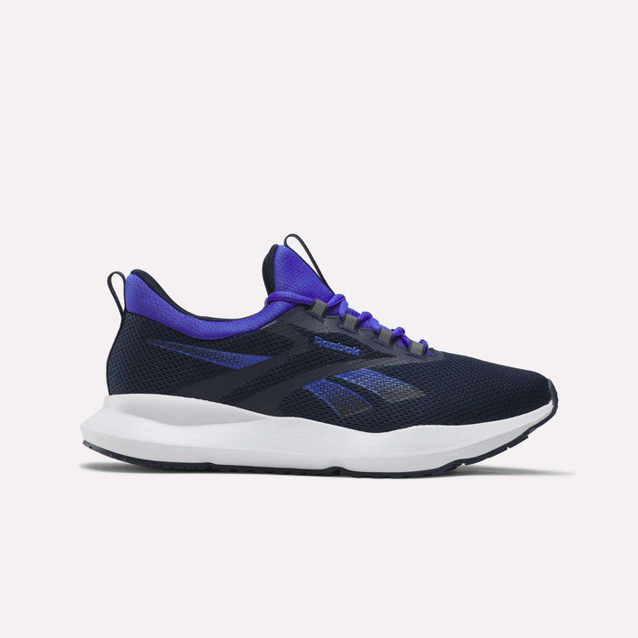 The Reebok Men's Cityride 2 Running Shoes in Navy/White/Blue feature a mesh upper, lace-up design, signature logo, white sole with black tread, and FuelFoam cushioning for comfort during runs.