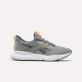 The Reebok Men's Cityride 2 Running Shoes in Grey/Orange feature FuelFoam cushioning, a white sole, orange accents on the heel and tongue pull tabs, and the Reebok logo in orange on the side. Seen from the side against a plain light background.