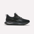 The Reebok Men's Cityride 2 Running Shoes in Black/Black/Grey feature a mesh upper, dark gray accents, and a black sole with FuelFoam cushioning, shown in side profile on a plain white background.