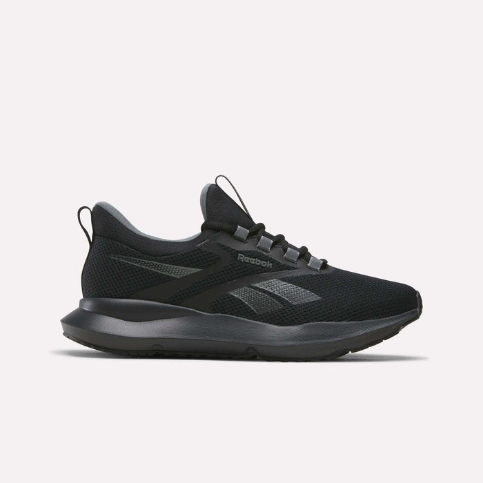 The Reebok Men's Cityride 2 Running Shoes in Black/Black/Grey feature a mesh upper, dark gray accents, and a black sole with FuelFoam cushioning, shown in side profile on a plain white background.