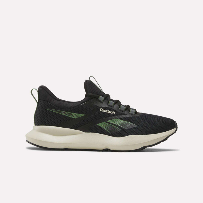 The Reebok Men's Cityride 2 Running Shoes in Green/Black/Grey feature FuelFoam cushioning, a white midsole, and black outsole, shown from the side on a plain white background.
