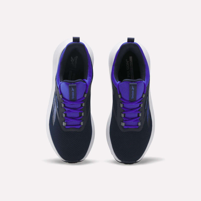 A pair of Reebok Men's Cityride 2 Running Shoes in navy blue, featuring white soles, purple accents, and FuelFoam cushioning, are displayed from above on a plain white background.