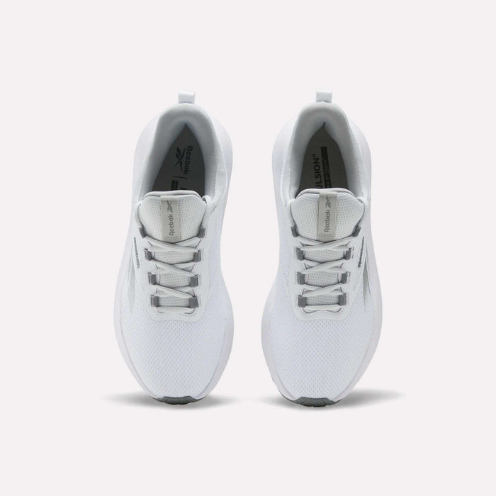 Top view of Reebok Men's Cityride 2 Running Shoes in white with light grey accents, mesh uppers, FuelFoam cushioning, and white laces, shown side by side on a plain light background.