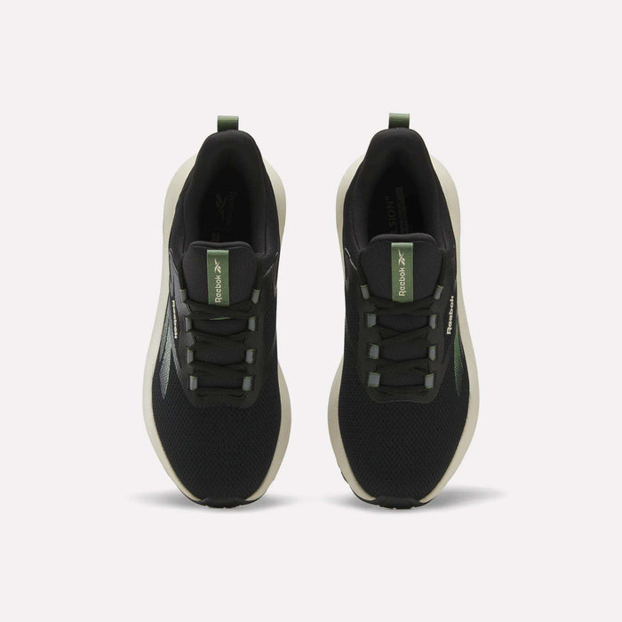 A top view of Reebok Men's Cityride 2 Running Shoes in black with white soles, green accents, and FuelFoam cushioning, highlighting the laces and Reebok logo on the tongue.