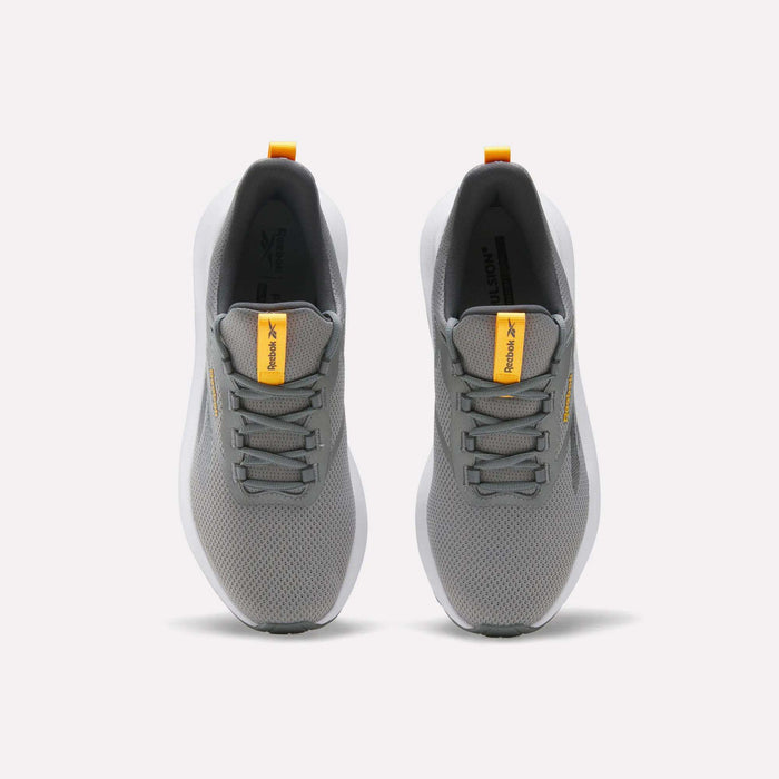 A pair of Men's Cityride 2 Running Shoes by Reebok in gray, seen from above, with white soles, yellow heel tabs, yellow Reebok logos on the tongues and sides, and FuelFoam cushioning for all-day comfort.