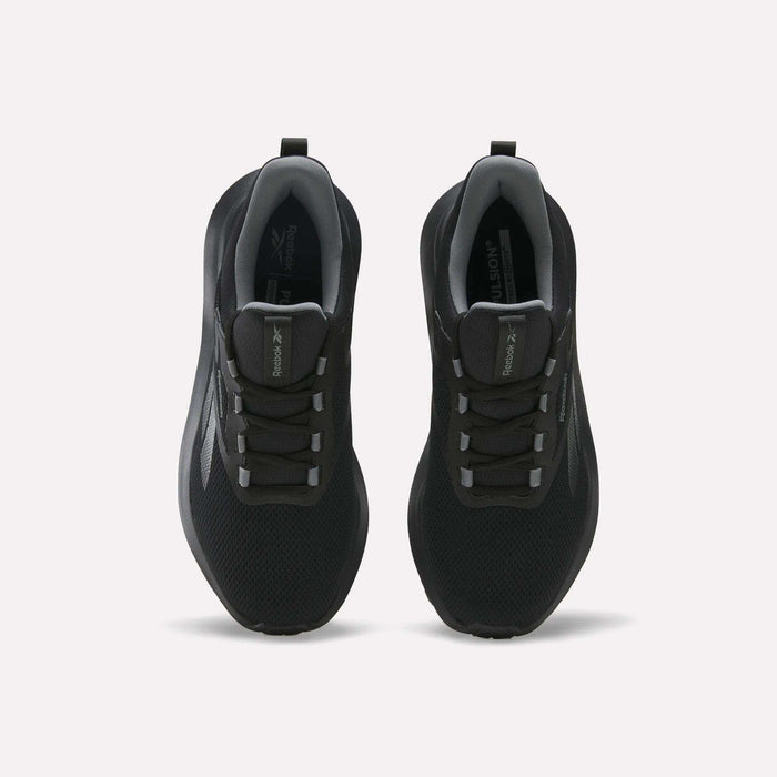 A pair of black Reebok Men's Cityride 2 Running Shoes seen from above, featuring mesh uppers, gray laces, subtle gray logos on the sides and tongues, and FuelFoam cushioning—all set against a plain white background.