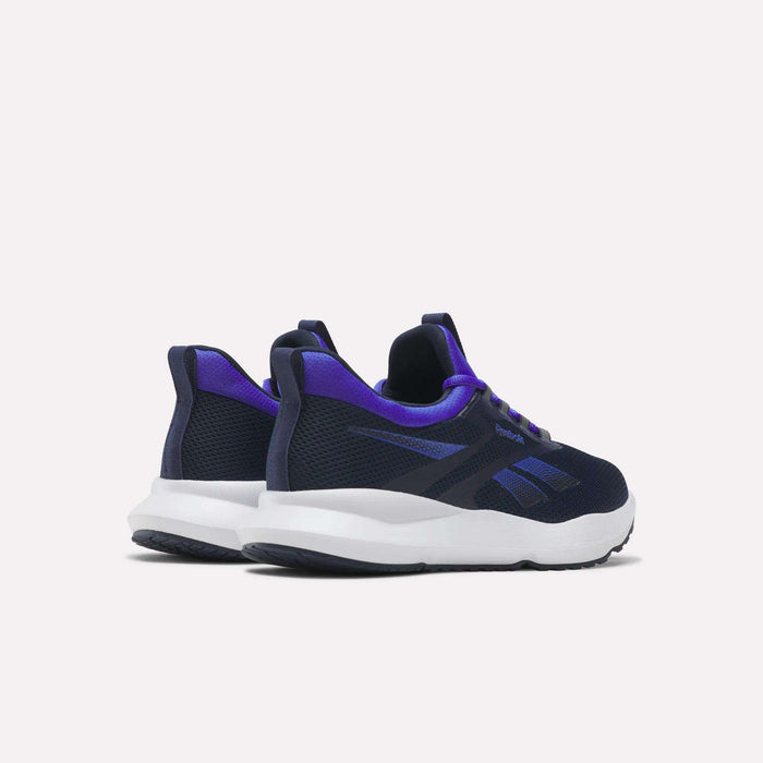 A pair of Men's Cityride 2 Running Shoes by Reebok in black and purple with white soles are shown side by side on a light background, angled to display the heel and side views, highlighting FuelFoam cushioning for added comfort.