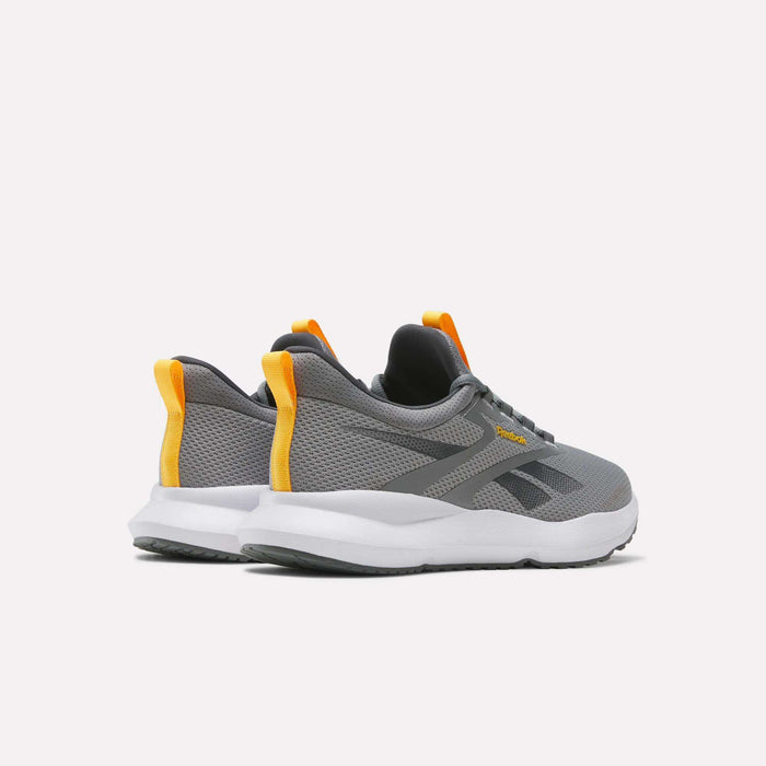 The Reebok Men's Cityride 2 Running Shoes are grey with white soles, yellow pull tabs, black and yellow accents, and FuelFoam cushioning, displayed against a plain white background.