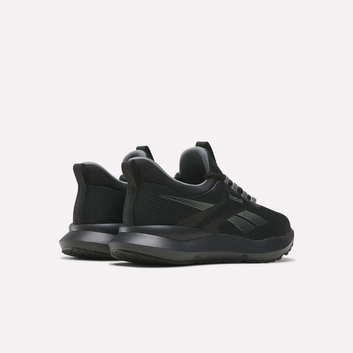 A pair of Reebok Men's Cityride 2 Running Shoes in black with mesh uppers and matching soles, shown from a rear side angle on a plain light background, featuring FuelFoam cushioning for extra comfort.